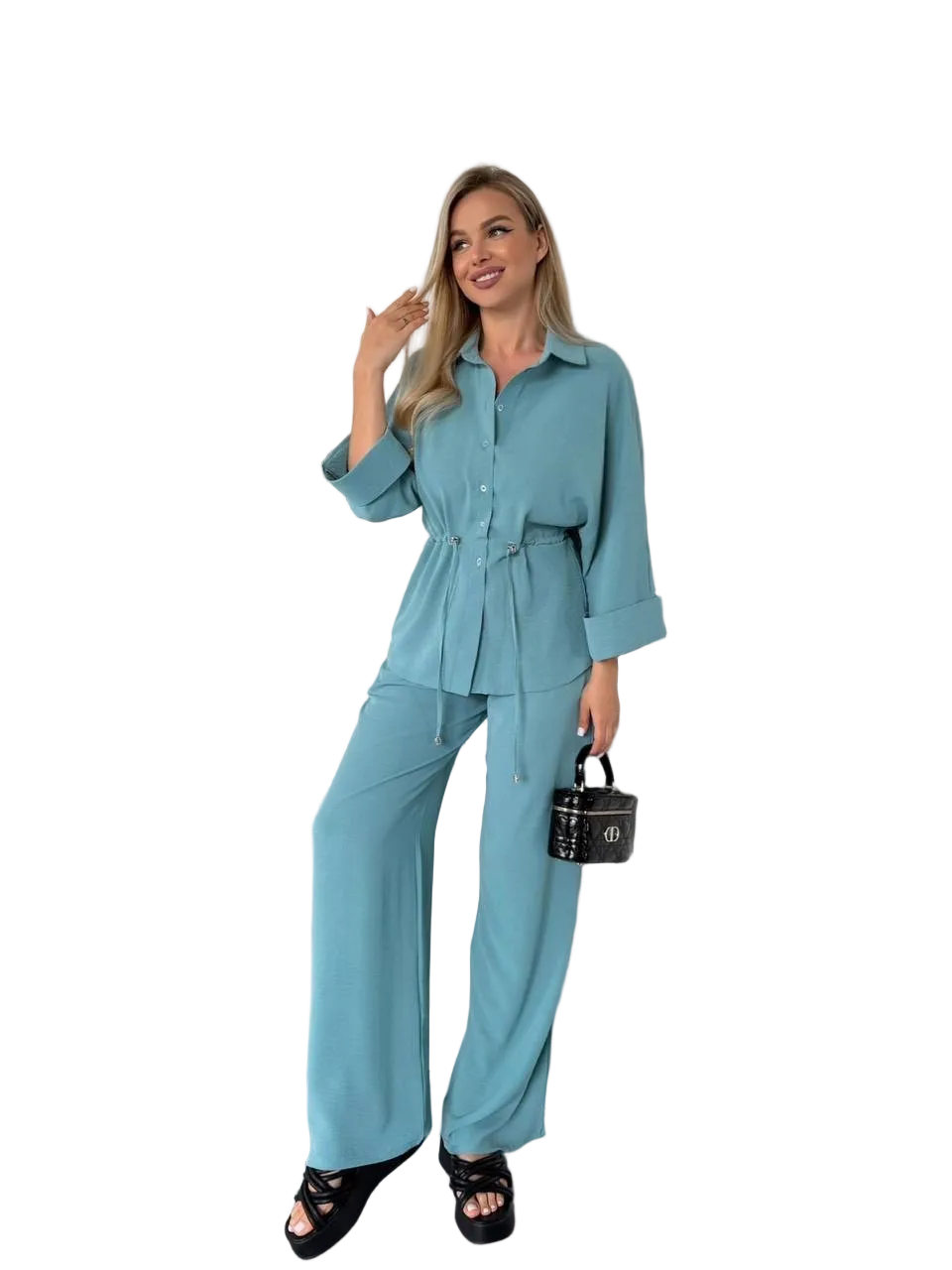 Womens Two Piece Suit Seafoam Krep Zhatka Shirt and Pants Set Drawstring Waist