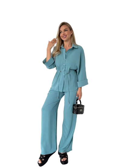 Womens Two Piece Suit Seafoam Krep Zhatka Shirt and Pants Set Drawstring Waist