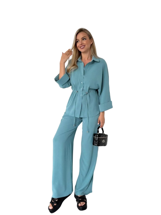 Womens Two Piece Suit Seafoam Krep Zhatka Shirt and Pants Set Drawstring Waist