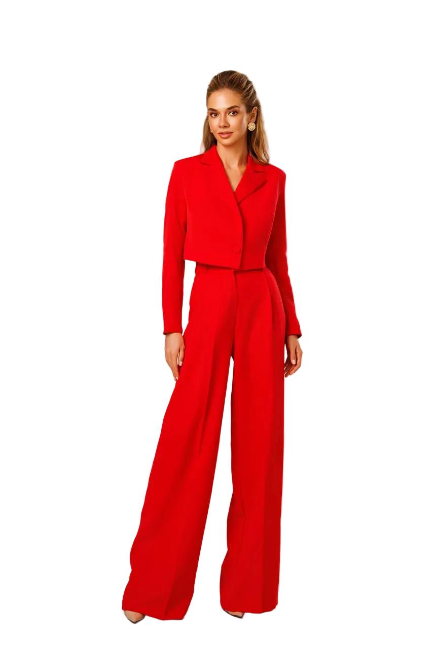 Red Palazzo Pants Suit Crop Jacket Diagonal Crepe