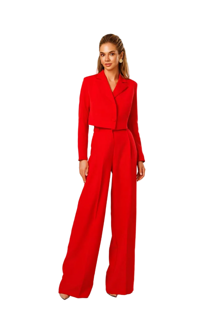 Red Palazzo Pants Suit Crop Jacket Diagonal Crepe