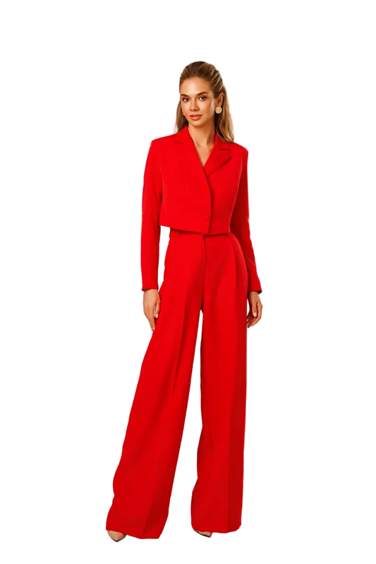 Red Palazzo Pants Suit Crop Jacket Diagonal Crepe