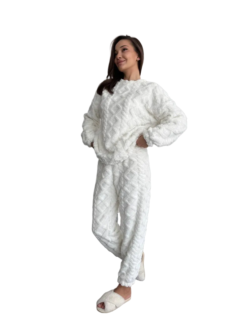 Women Double Sided Terry Pajama Set White Plush Loungewear