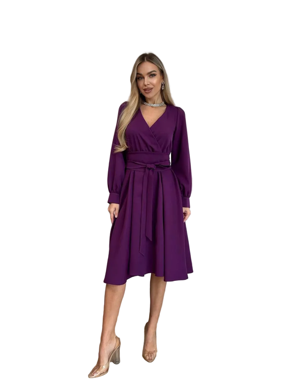 Purple Wrap Midi Dress with Long Sleeves Elegant Occasion Dress