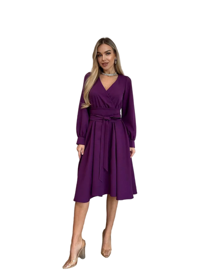 Purple Wrap Midi Dress with Long Sleeves Elegant Occasion Dress