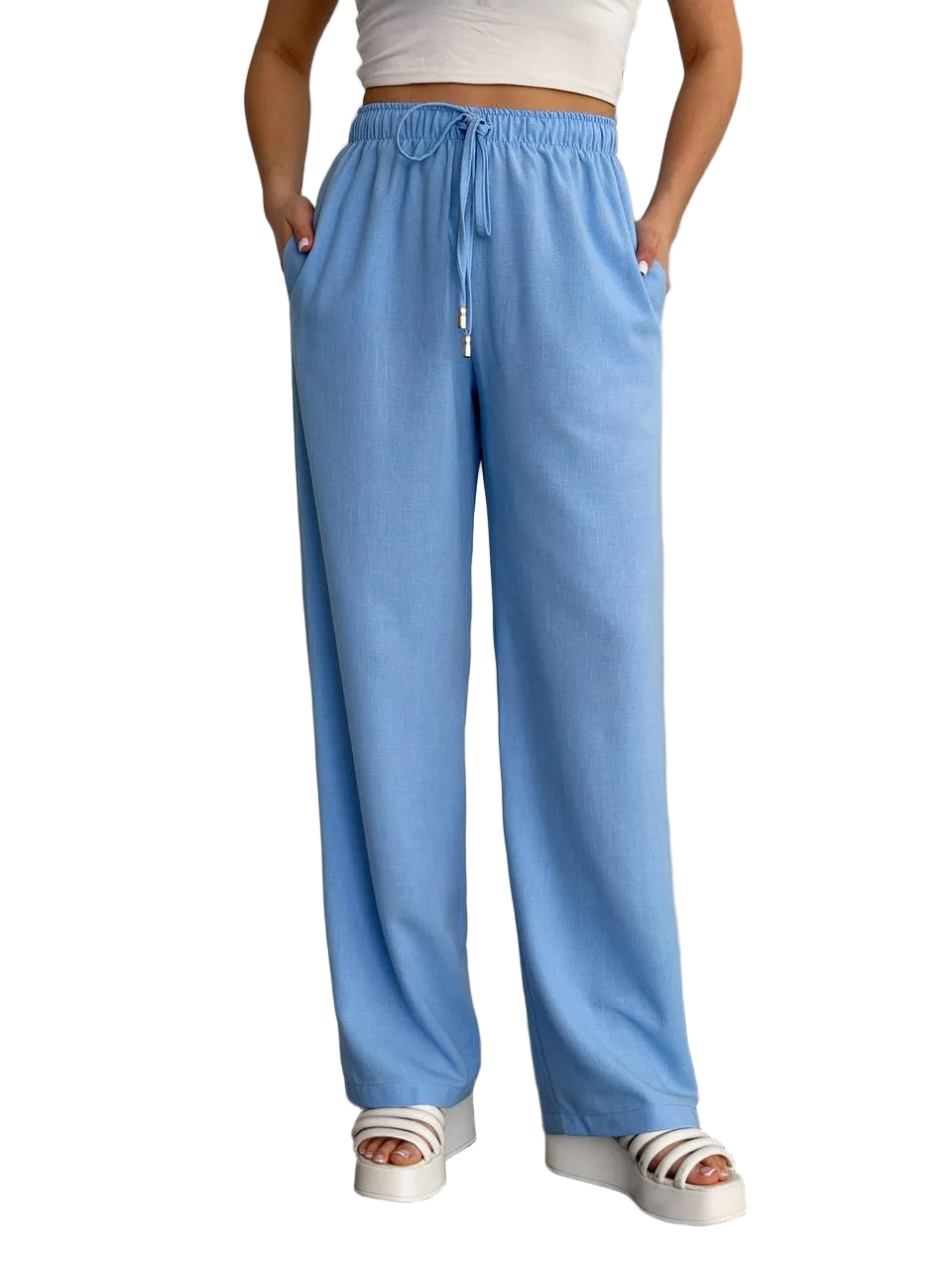 Light Blue Linen Wide Leg Trousers Women Loose Fit Drawstring Waist