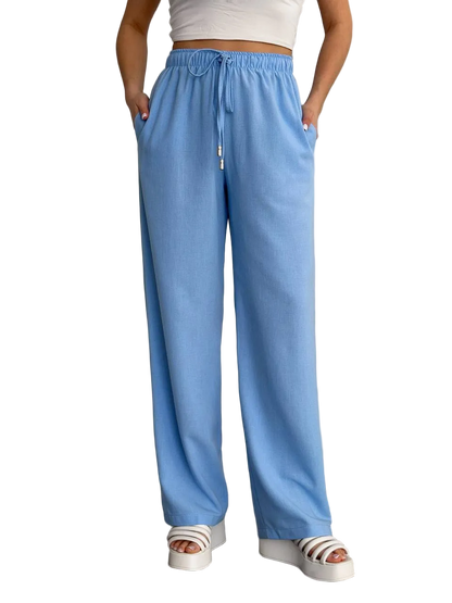 Light Blue Linen Wide Leg Trousers Women Loose Fit Drawstring Waist