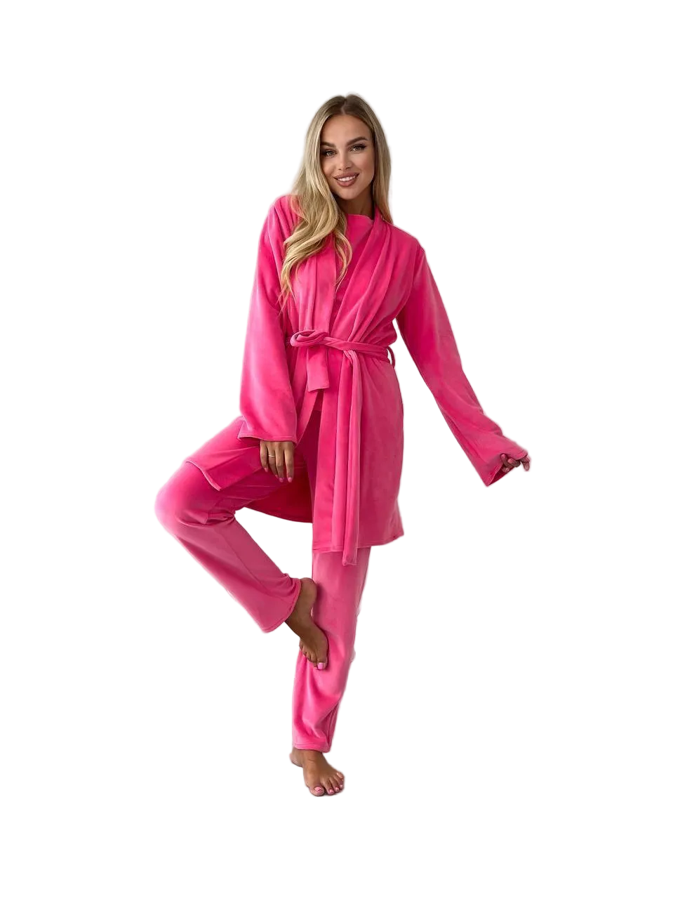 Women Three Piece Pajamas Set Pink Soft Stretch Robe Pants Loungewear