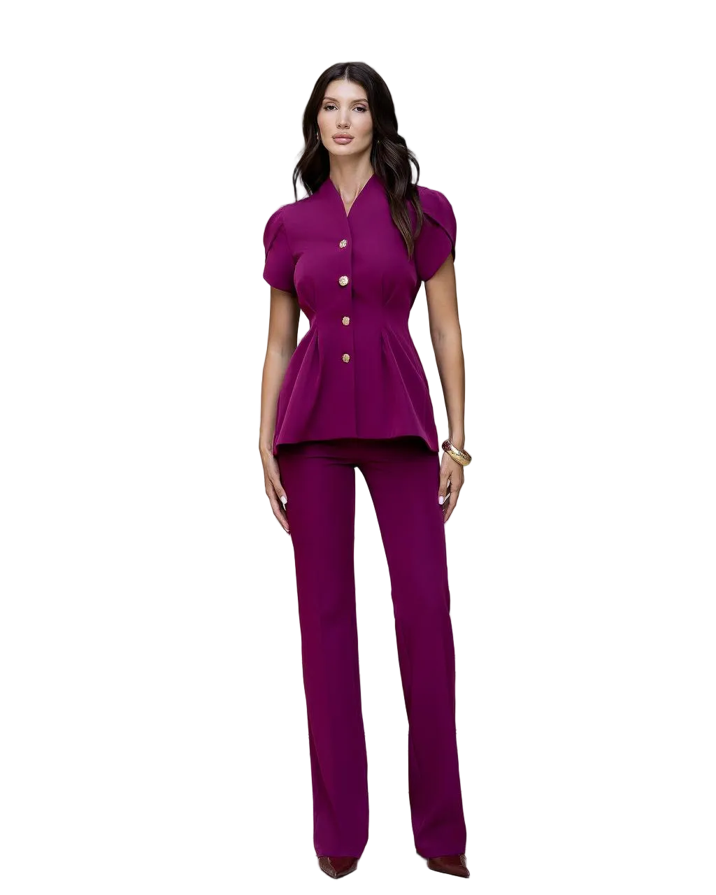 Womens Tailored Crepe Suit with Short Sleeve Jacket and Straight Leg Trousers