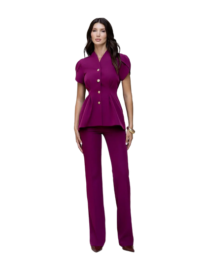 Womens Tailored Crepe Suit with Short Sleeve Jacket and Straight Leg Trousers