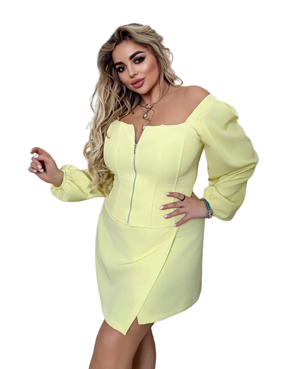 Yellow Corset Blouse Puff Sleeve Zipper Front Structured Bodice Suiting Fabric