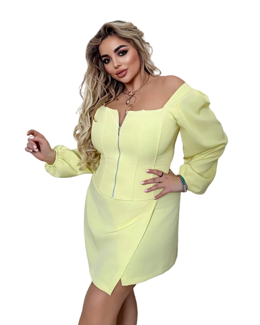 Yellow Corset Blouse Puff Sleeve Zipper Front Structured Bodice Suiting Fabric