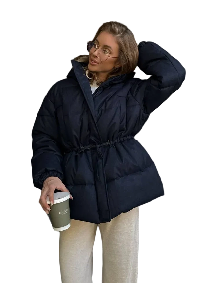 Women Navy Puffer Coat Insulated Wool Blend Winter Jacket