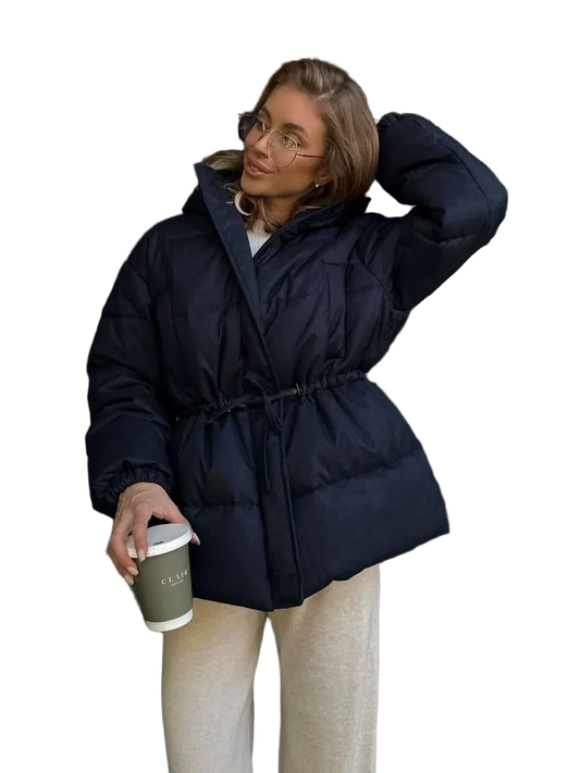 Women Navy Puffer Coat Insulated Wool Blend Winter Jacket