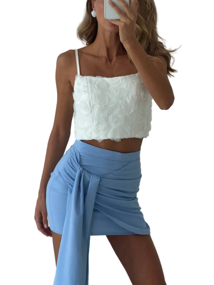 Rose Floral Applique Crop Top Premium Diagonal Crepe Womens Top
