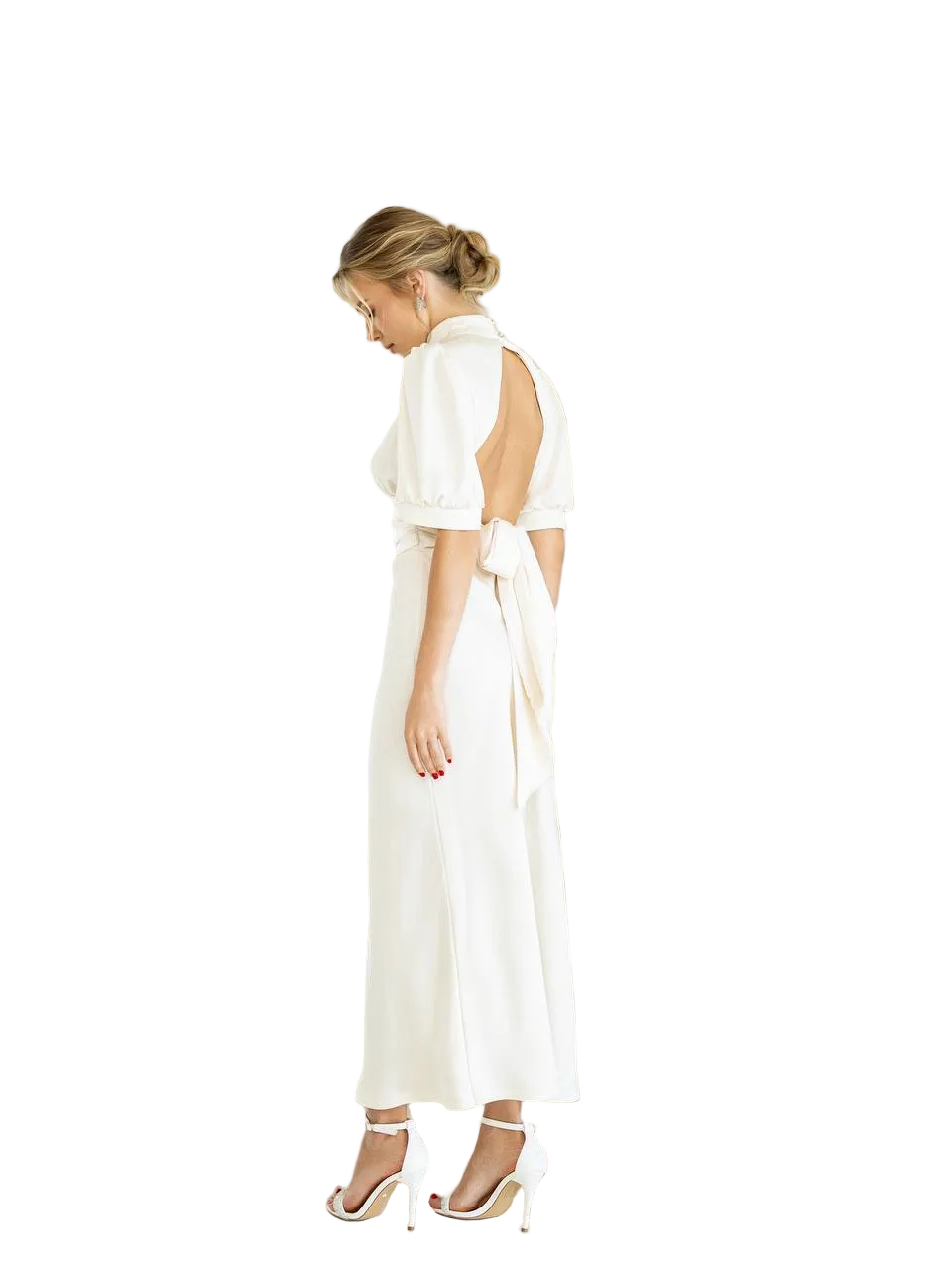 Open Back Satin Midi Dress with Puff Sleeves and Tie Back