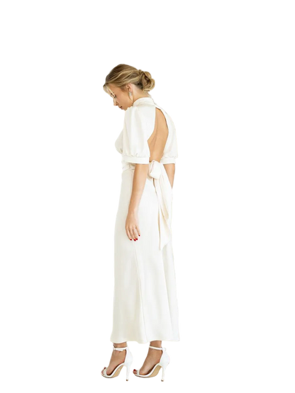 Open Back Satin Midi Dress with Puff Sleeves and Tie Back