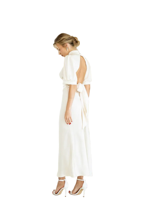 Open Back Satin Midi Dress with Puff Sleeves and Tie Back