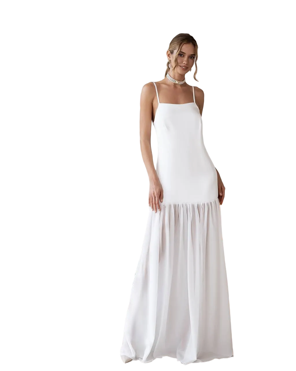 Milky Premium class satin and Windy chiffon evening gown with spaghetti straps