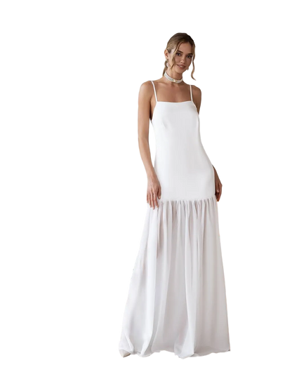 Milky Premium class satin and Windy chiffon evening gown with spaghetti straps