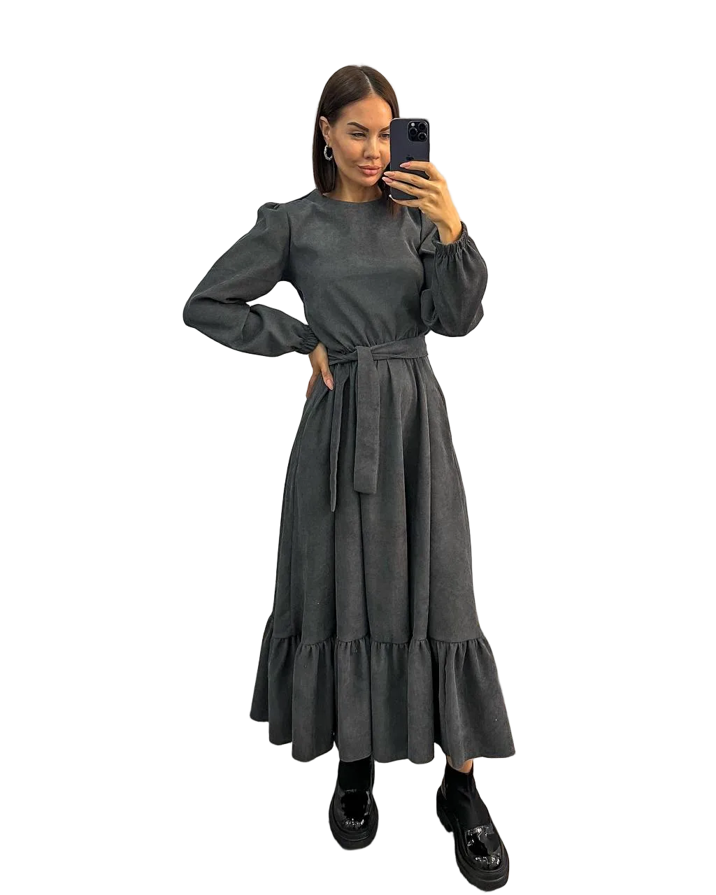 Charcoal Grey Microvelvet Maxi Dress with Belt and Puff Sleeves
