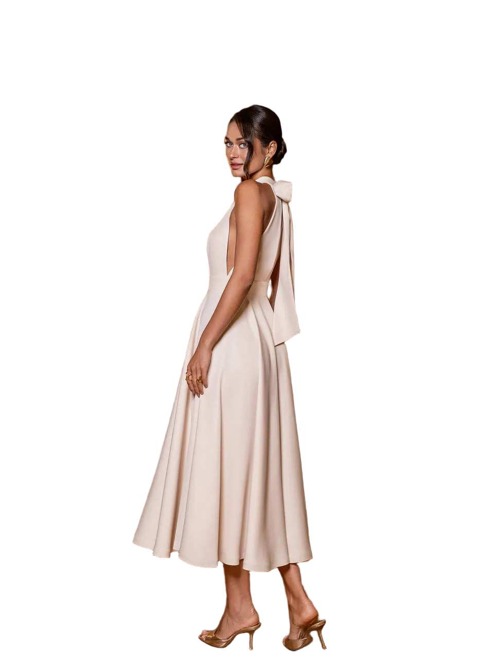 Elegant Cream Midi Dress Diagonal Crepe Open Back Bow Detail
