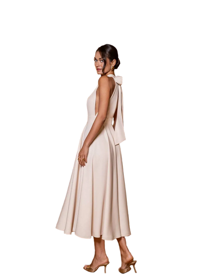 Elegant Cream Midi Dress Diagonal Crepe Open Back Bow Detail