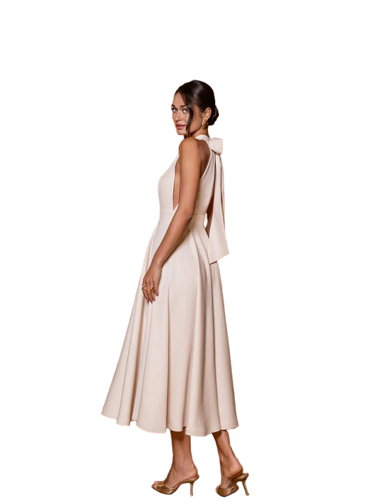 Elegant Cream Midi Dress Diagonal Crepe Open Back Bow Detail