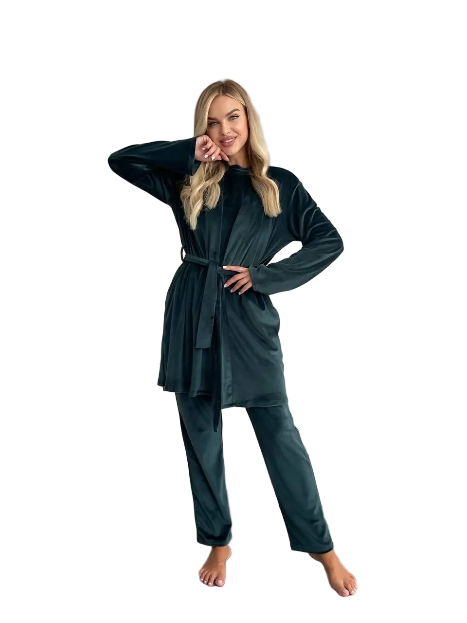 Women Three Piece Pajama Set Dark Green Soft Stretch Loungewear