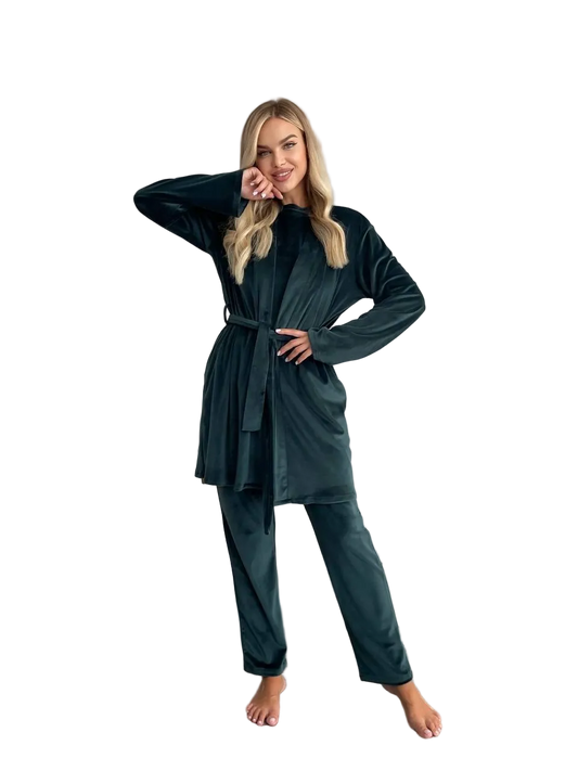 Women Three Piece Pajama Set Dark Green Soft Stretch Loungewear