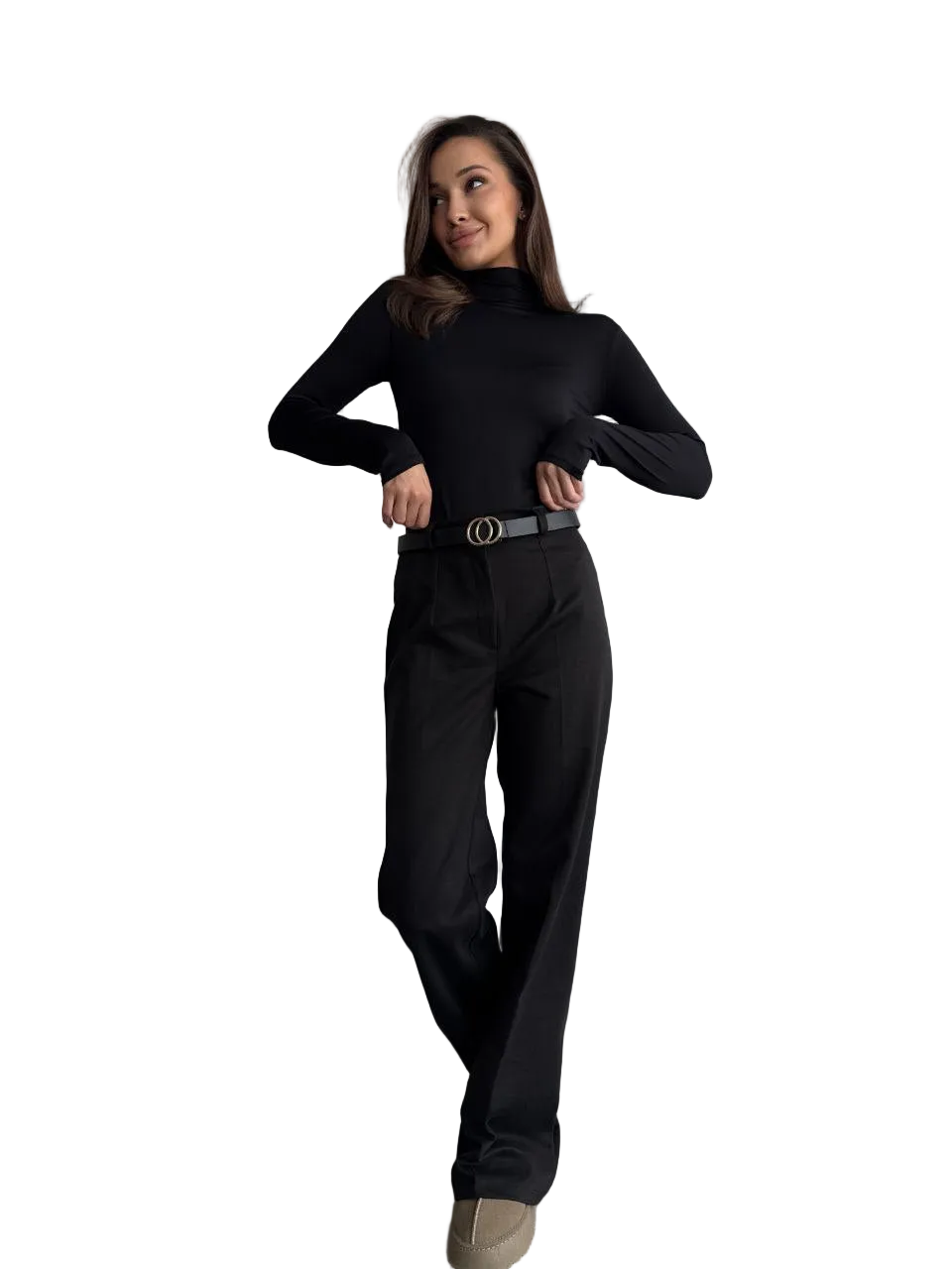 Black High Waist Wool Stretch Flare Trousers Classic Knit Pants