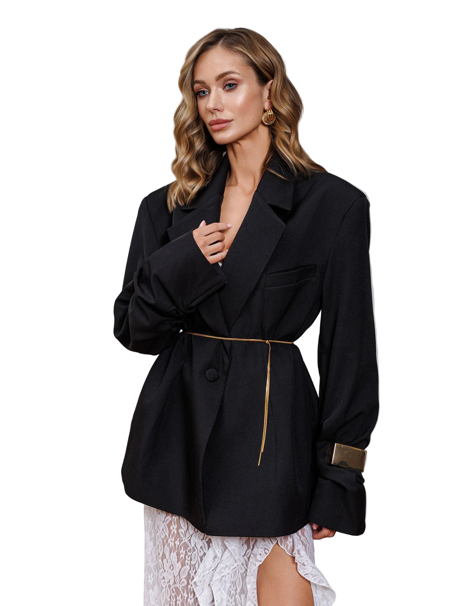 Black Oversized Blazer Jacket Luxury Suit Tiar Gold Belt Detail