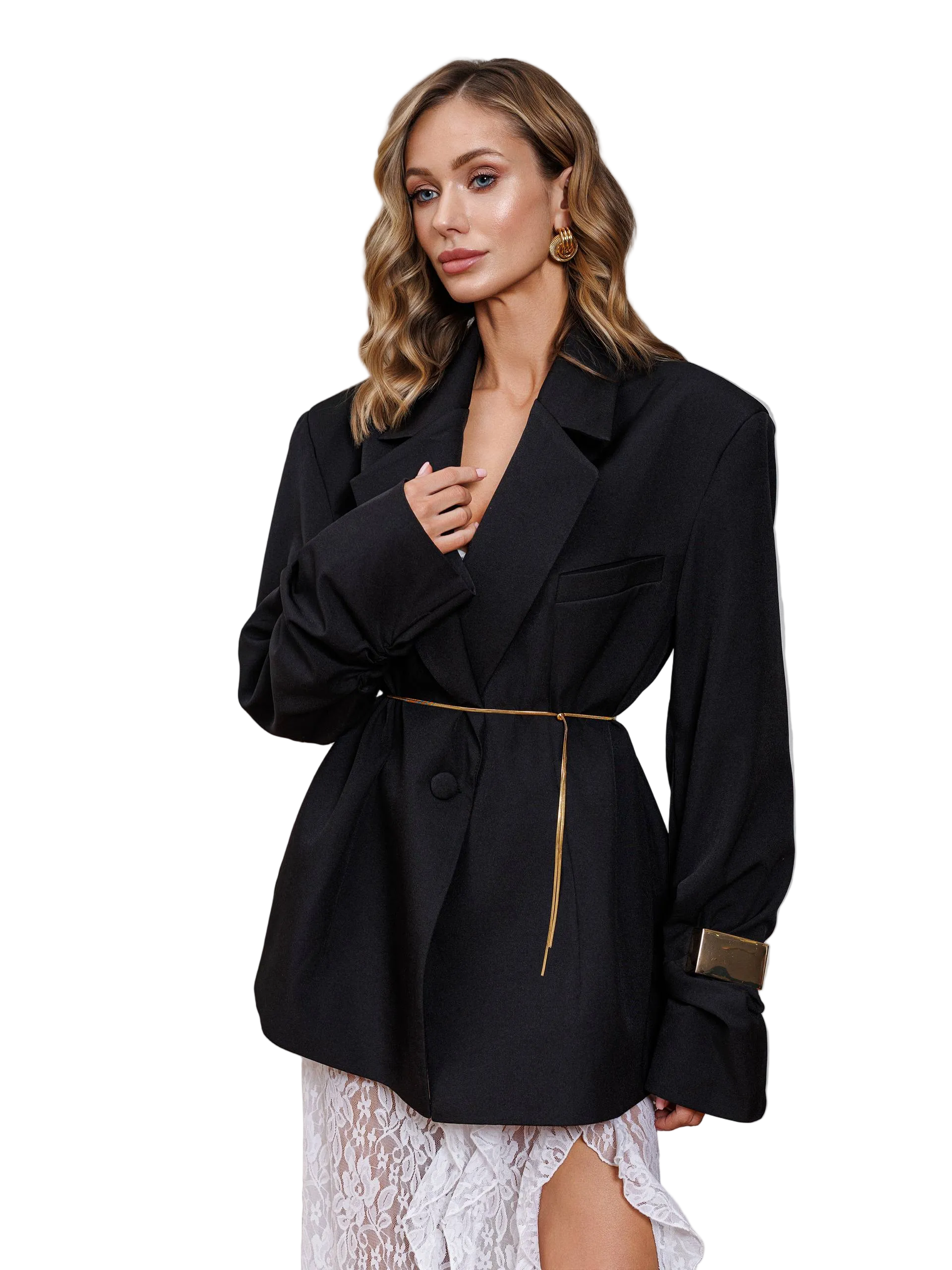 Black Oversized Blazer Jacket Luxury Suit Tiar Gold Belt Detail