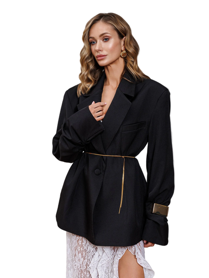 Black Oversized Blazer Jacket Luxury Suit Tiar Gold Belt Detail