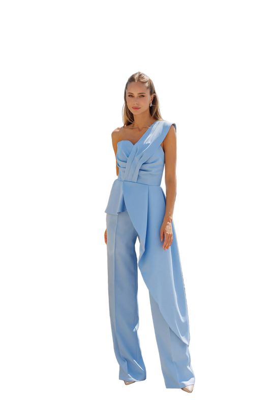 Basque Top and Trousers Suit Premium Diagonal Crepe Asymmetric One Shoulder Peplum