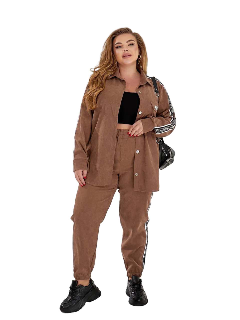 Women Two Piece Casual Set Brown Button Shirt Jogger Pants Stripe Trim Chest Pocket
