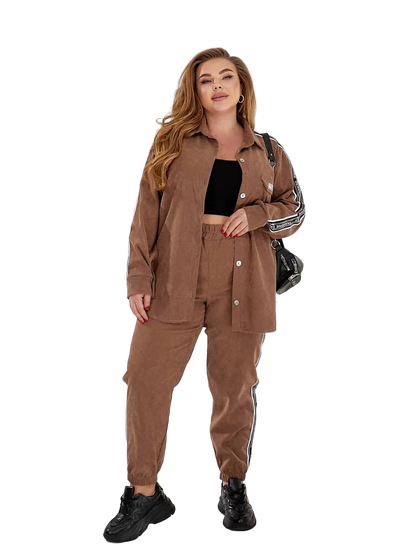 Women Two Piece Casual Set Brown Button Shirt Jogger Pants Stripe Trim Chest Pocket