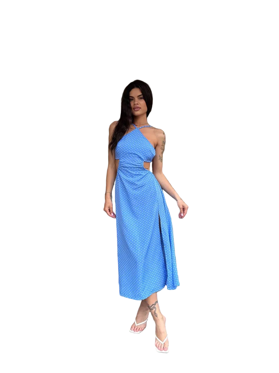Blue Polka Dot Halter Midi Dress Side Cutout Leg Slit Figure Flattering