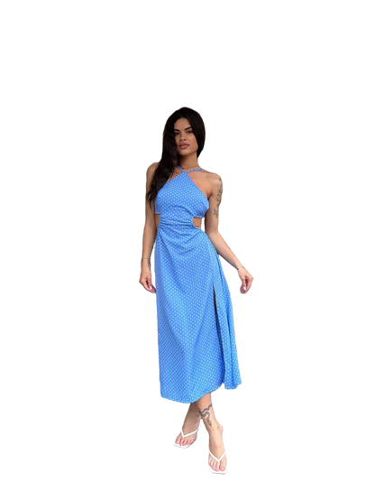 Blue Polka Dot Halter Midi Dress Side Cutout Leg Slit Figure Flattering