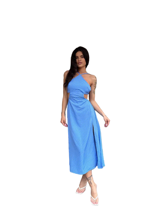 Blue Polka Dot Halter Midi Dress Side Cutout Leg Slit Figure Flattering