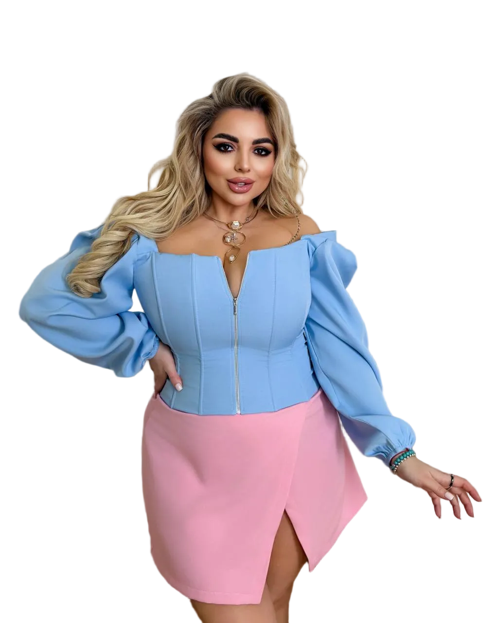 Blue Corset Blouse Puff Sleeves Zipper Front Structured Silhouette