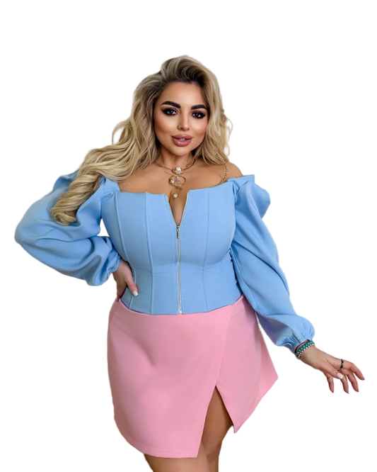 Blue Corset Blouse Puff Sleeves Zipper Front Structured Silhouette