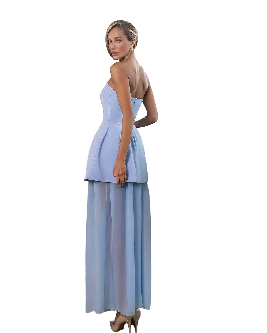 Powder Blue Strapless Evening Dress Chiffon Skirt Crepe Overlay
