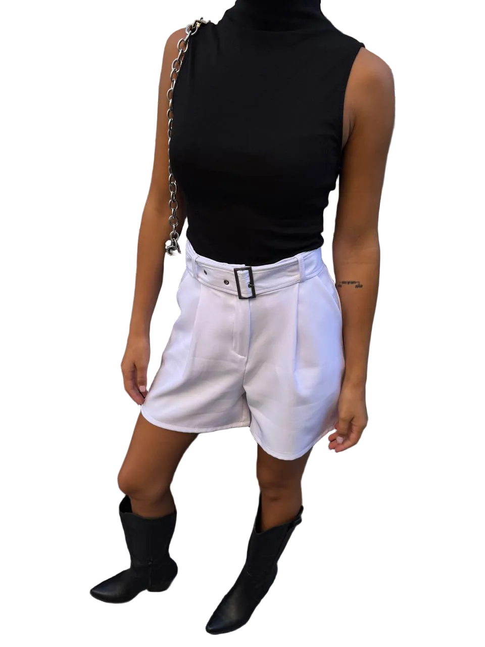 White High Waisted Belted Bermuda Shorts Tailored Suiting Fabric Women