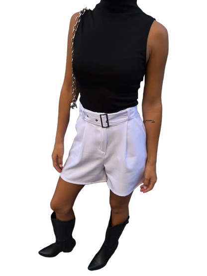 White High Waisted Belted Bermuda Shorts Tailored Suiting Fabric Women