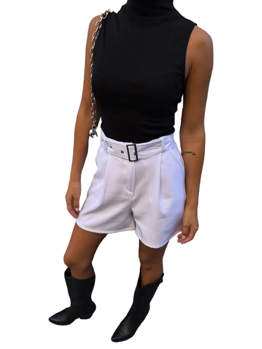 White High Waisted Belted Bermuda Shorts Tailored Suiting Fabric Women
