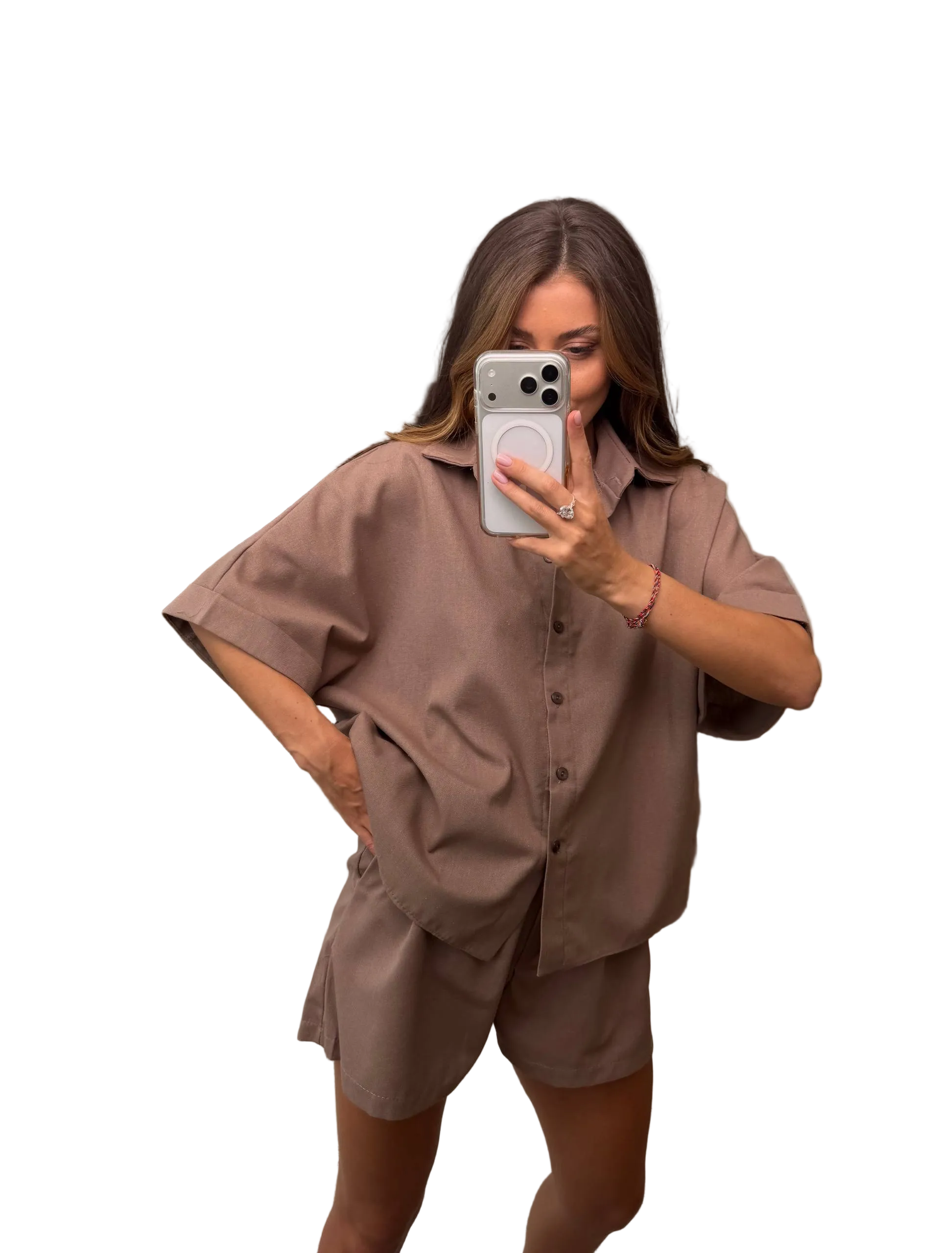 Womens Linen Two Piece Suit Brown Short Set Loose Fit Casual Summer Linen Outfit