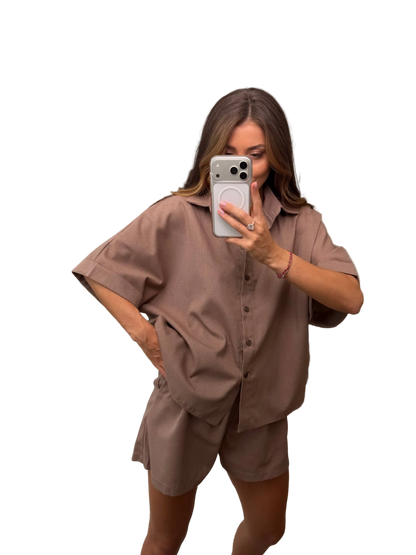 Womens Linen Two Piece Suit Brown Short Set Loose Fit Casual Summer Linen Outfit