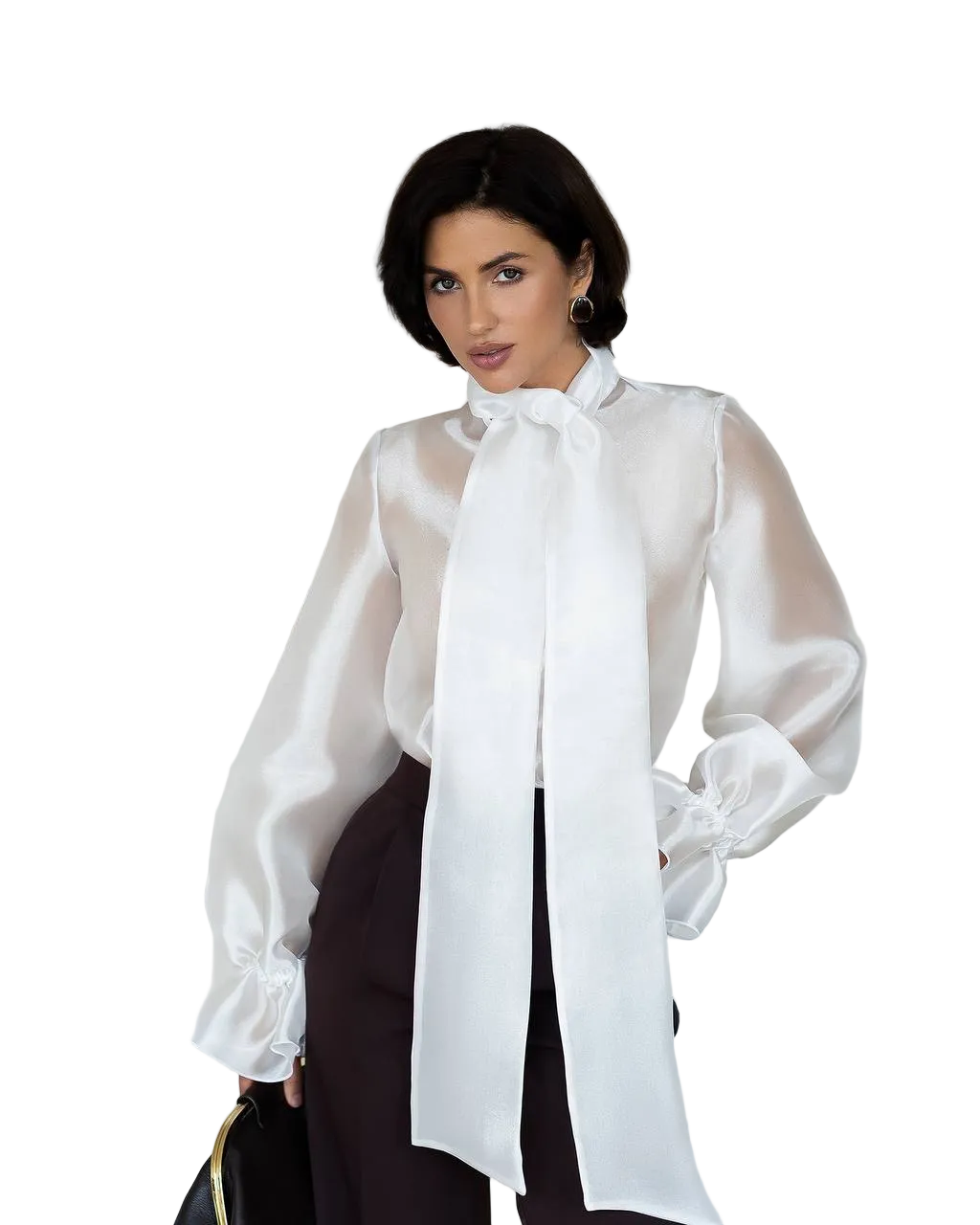 Womens Satin Finish Tie Neck Blouse with Voluminous Sleeves