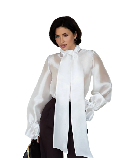 Womens Satin Finish Tie Neck Blouse with Voluminous Sleeves
